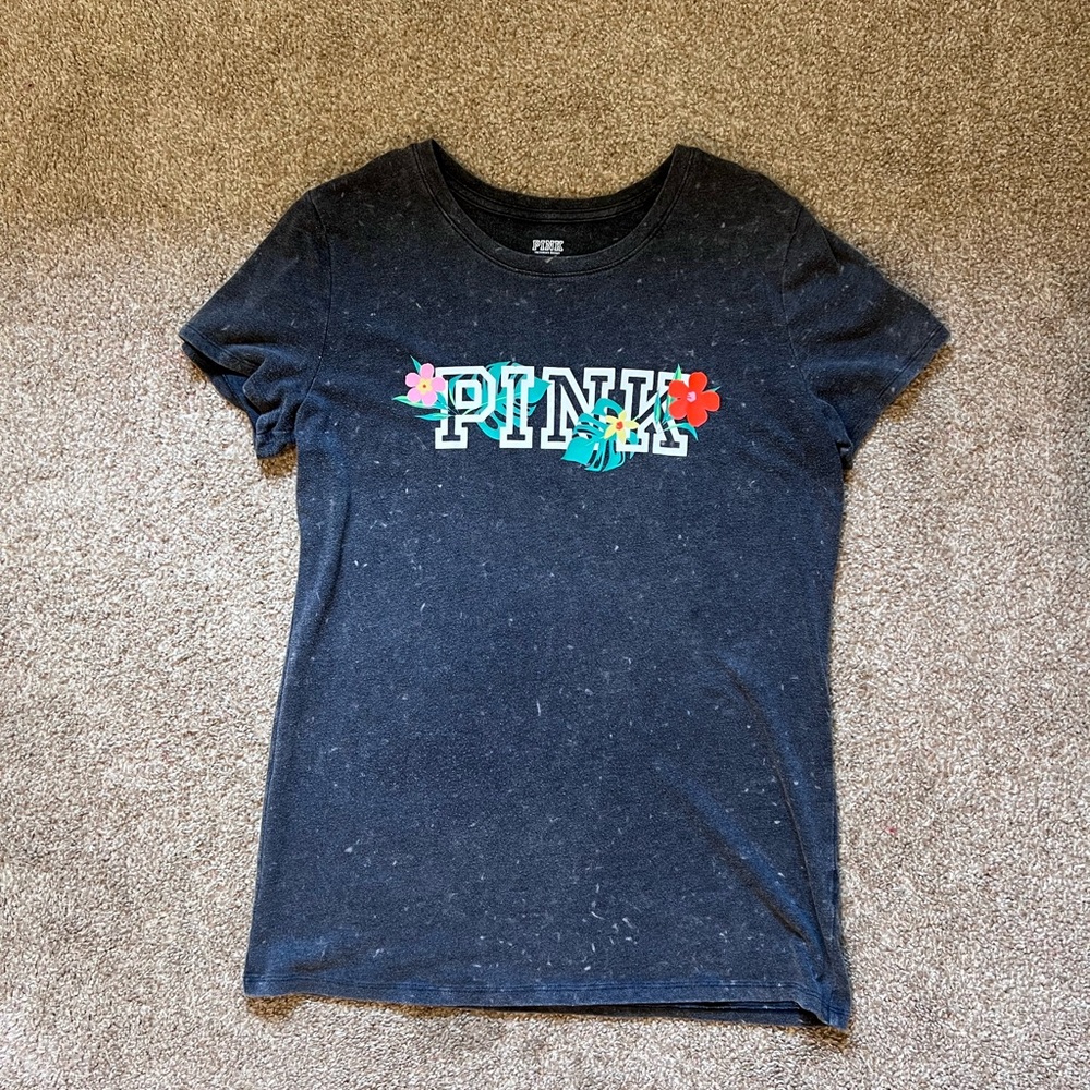 PINK Victoria's Secret Black Tee with Floral Accents